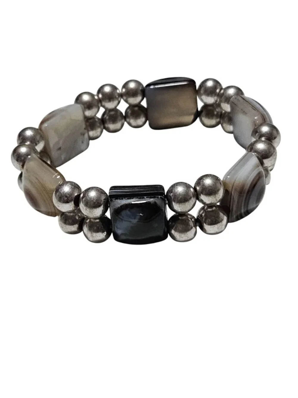 Vintage Stone Chunky Bracelet Beaded Stretch Brown Blue Silver Fashion Jewelry